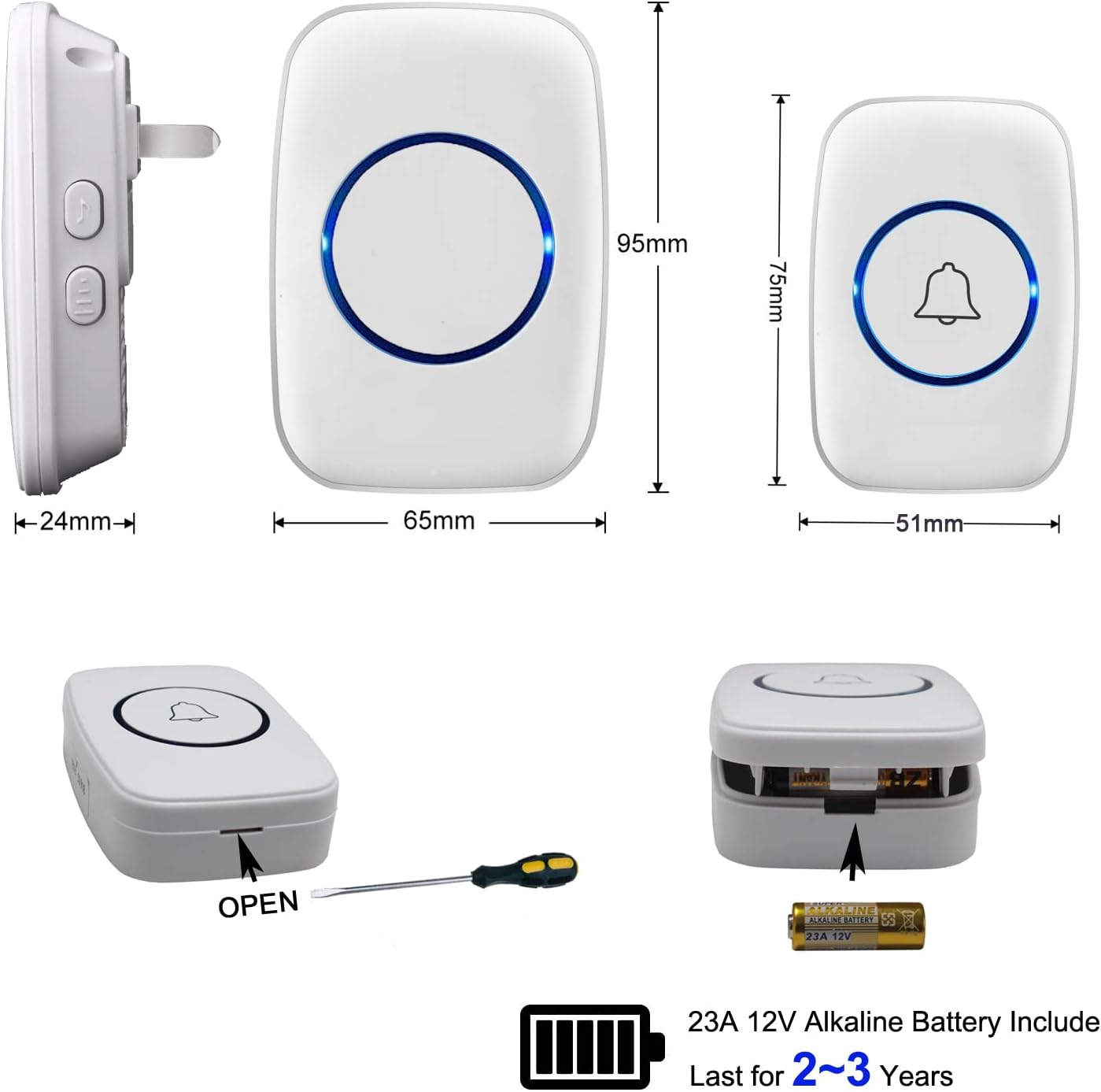 Fullhouse - Kit De Timbre Inalmbrico E Impermeable Para Puerta Distingue Las Puertas Delanteras Y Traseras Alcance De Ms De 1000 Pies Y 60 Melodas Volumen De 5 Niveles Y Flash Led Para El Hogar Oficina Aula